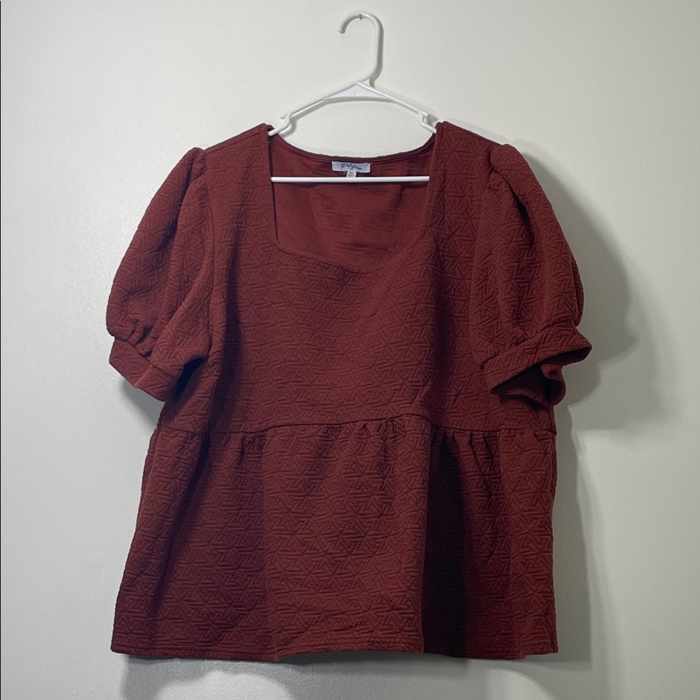 Piper & Scoot-Polagram Quilt Textured Rust Color Babydoll Top w/ Puff Sleeves 3X